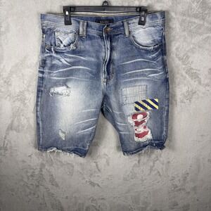 Akoo Jean Shorts Mens 34 Blue‎ Distressed Denim Patchwork Ripped Raw Hem